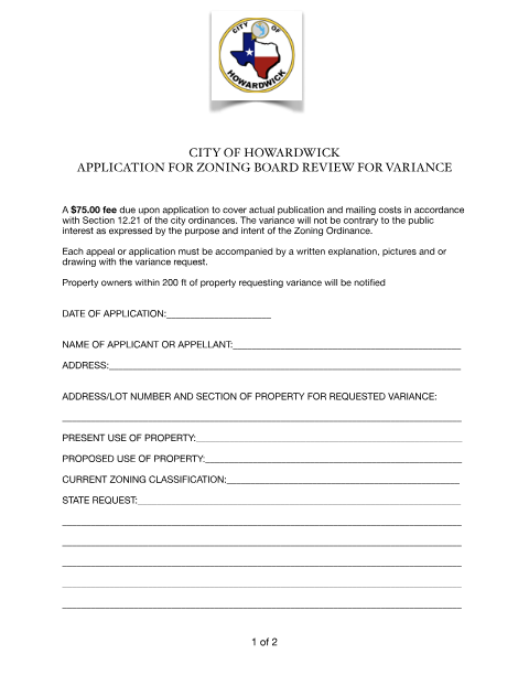 First page of the Application for Zoning Board Review for Variance