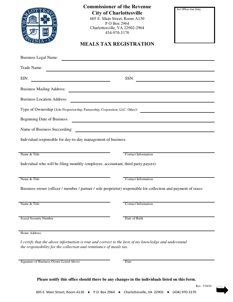 First page of the Meals Tax Registration