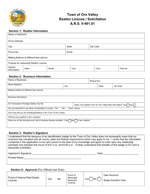 First page of the Realtor License / Solicitation Application