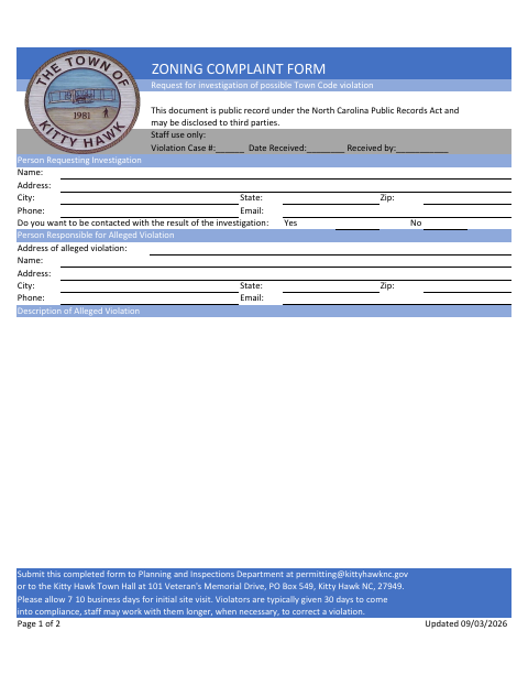 First page of the Zoning Complaint Form
