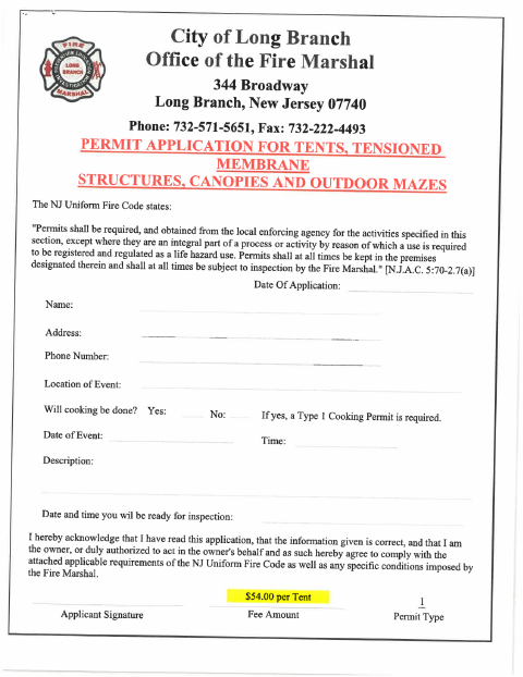 First page of the Tent-Canopy Permit Application