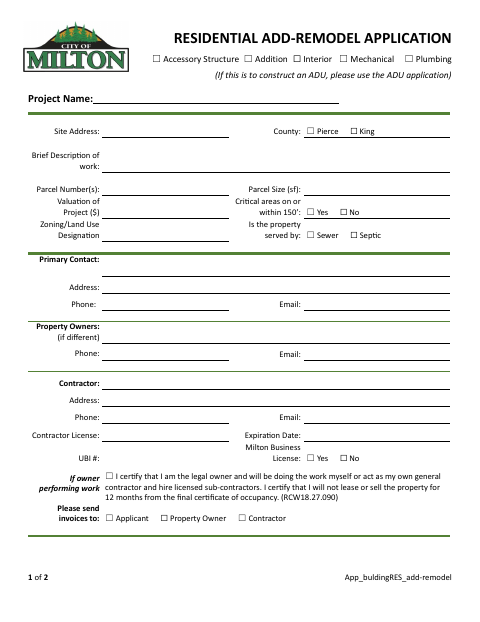 First page of the Residential Add - Remodel Application