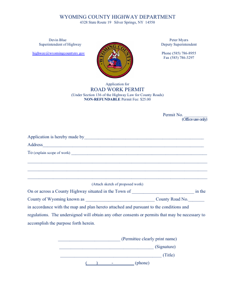 First page of the Application for Road Work Permit