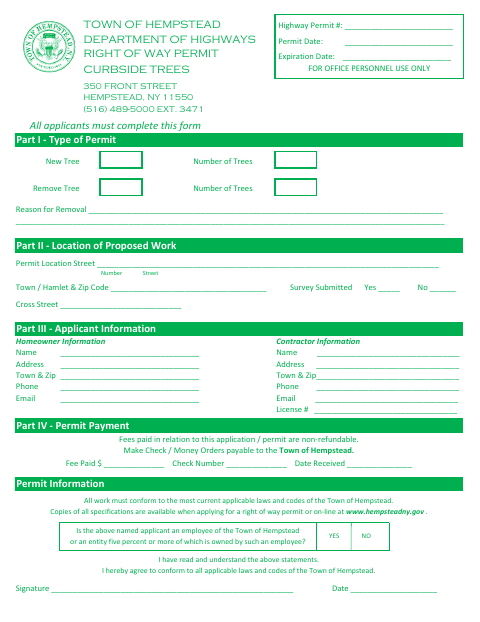 First page of the Right of Way Permit — Curbside Trees