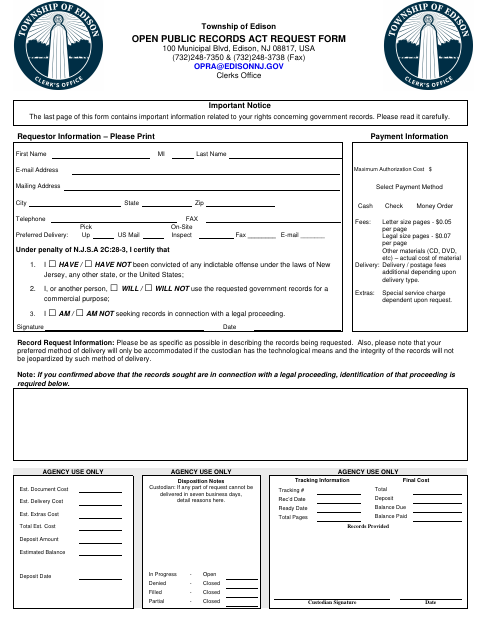 First page of the Open Public Records Act Request Form