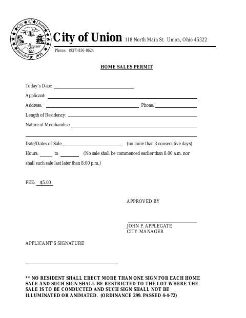 First page of the Home Sales Permit