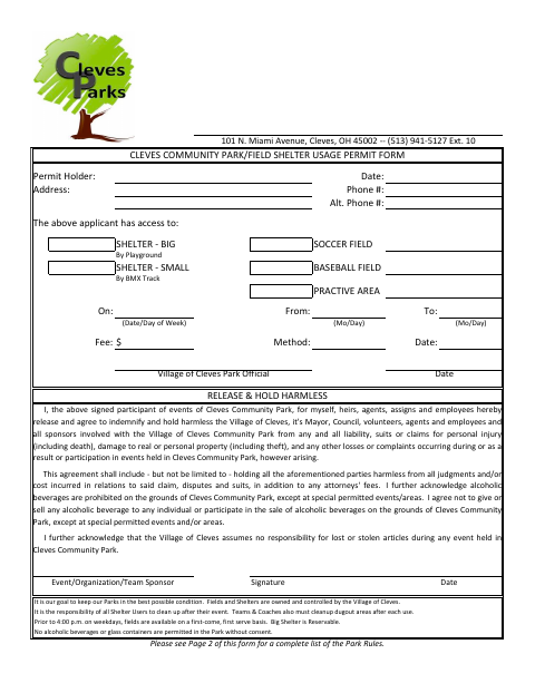 First page of the Community Park/Field Shelter Usage Permit Form