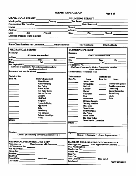 First page of the Mechanical and Plumbing Permit Application