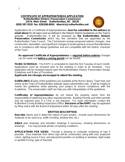 First page of the Certificate of Appropriateness Application