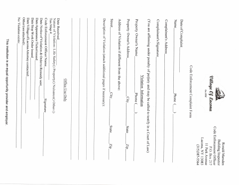 First page of the Code Enforcement Complaint Form