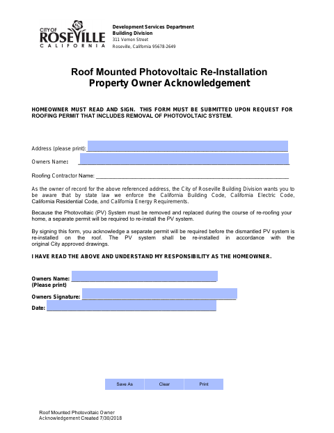 First page of the Roof Mounted Photovoltaic Re-Installation Property Owner Acknowledgement