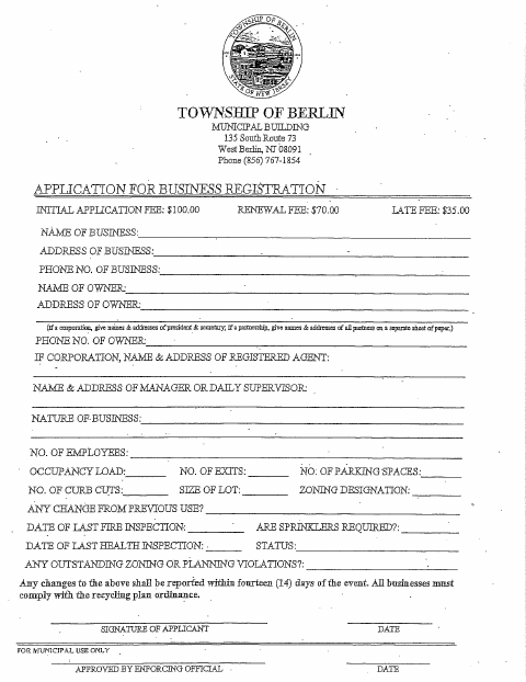 First page of the Business Registration Application and Related Forms