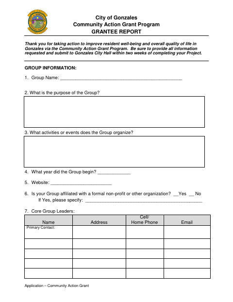 First page of the Grantee Report – Measure K Community Action Grant Program