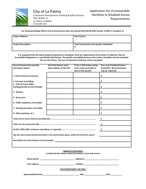 First page of the Application for Unreasonable Hardship to Disabled Access Requirements