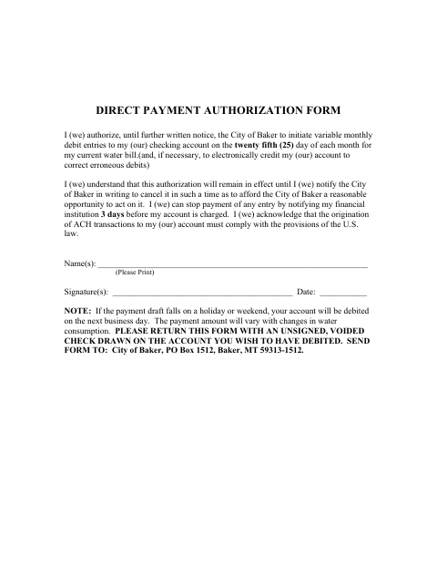 First page of the Direct Payment Authorization