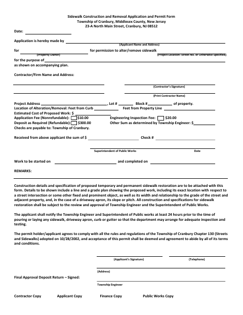 First page of the Sidewalk Construction and Removal Application and Permit Form