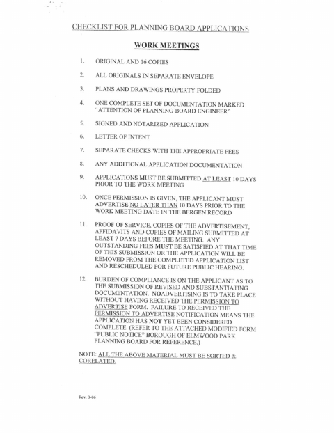 First page of the Planning Board Site Plan Application