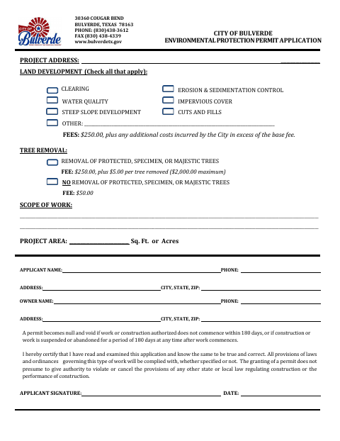 First page of the Environmental Protection Permit Application