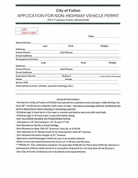 First page of the UTV Golf Cart Permit Application