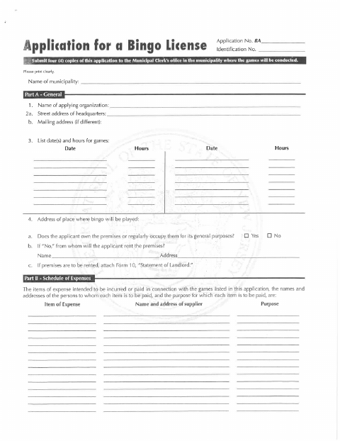 First page of the Application for a Bingo License
