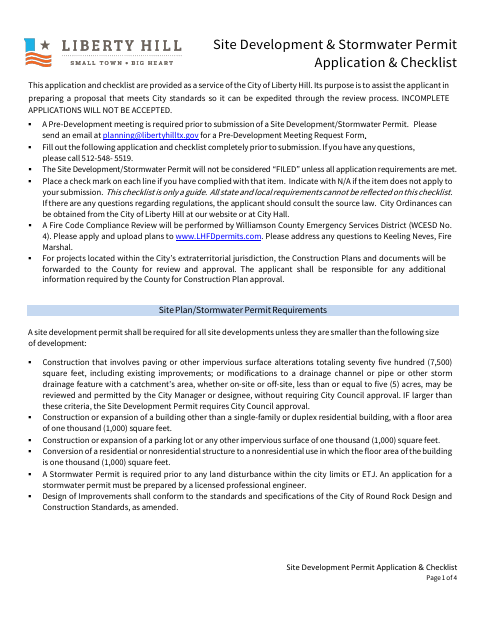First page of the Site Development & Stormwater Permit Application & Checklist