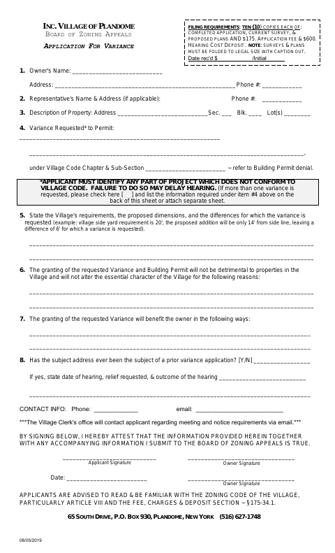 First page of the Application for Variance