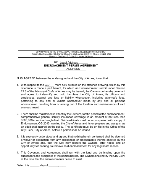 First page of the Encroachment Permit Agreement
