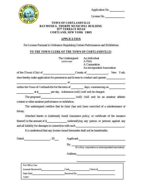 First page of the Application for License for Certain Performances and Exhibitions