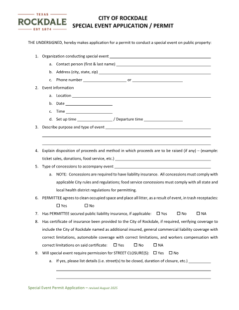 First page of the Special Event Permit Application