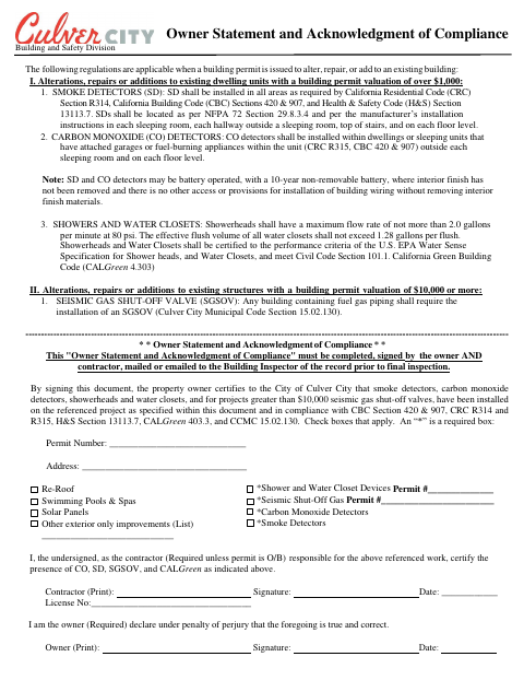 First page of the Owner Statement and Acknowledgment of Compliance
