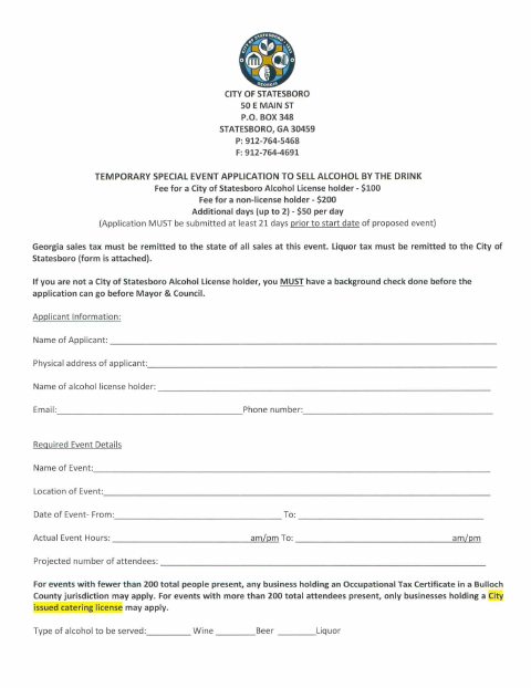 First page of the Temporary Special Event Alcohol Permit Application
