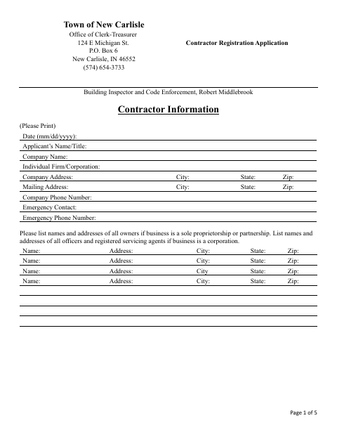 First page of the Contractor Registration Application
