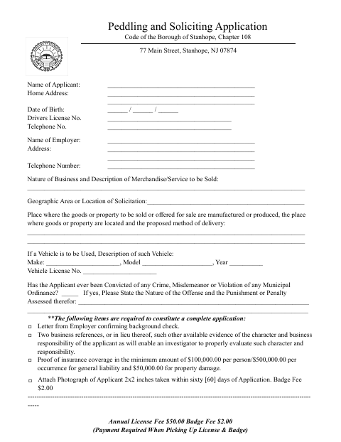 First page of the Peddlers and Solicitors License Application