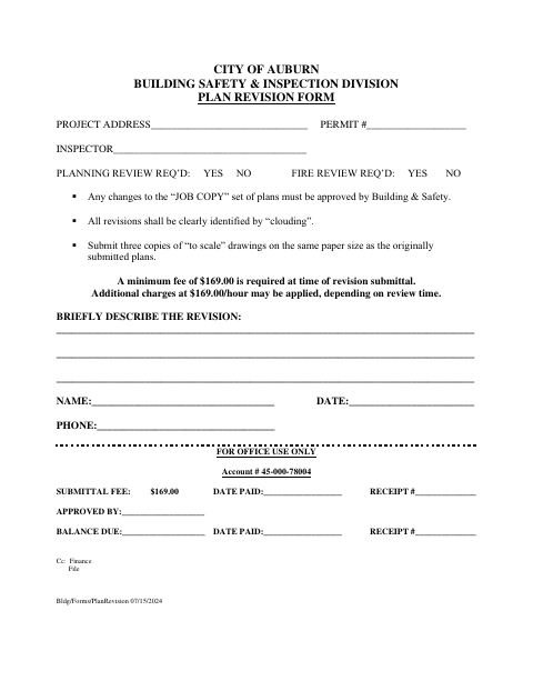 First page of the Plan Revision Form