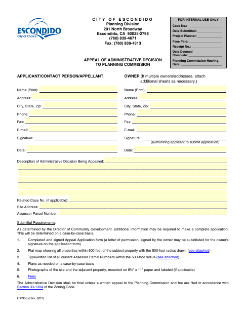 First page of the Appeal of Administrative Decision to Planning Commission