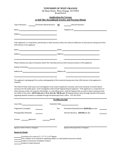 First page of the Application for License to Sell or Buy Secondhand Jewelry and Precious Metals