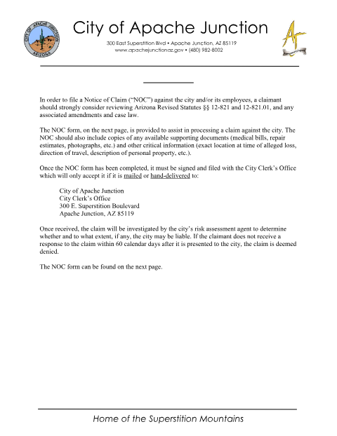 First page of the Notice of Claim Against the City