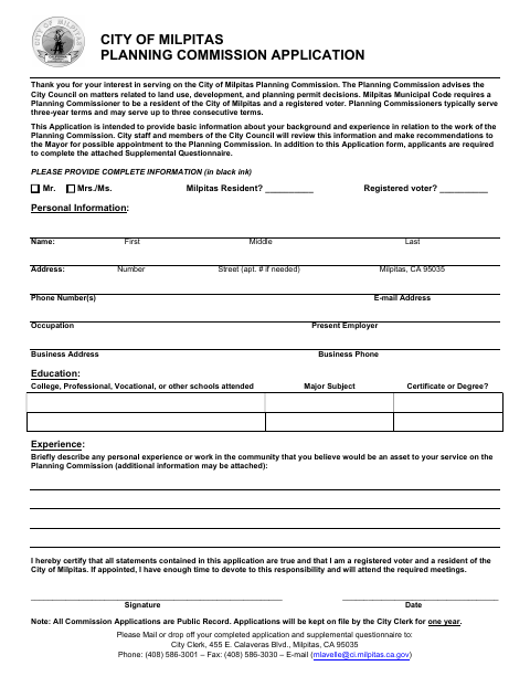 First page of the Planning Commission Application