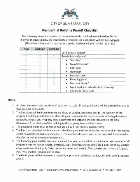 First page of the Residential Building Permit Checklist