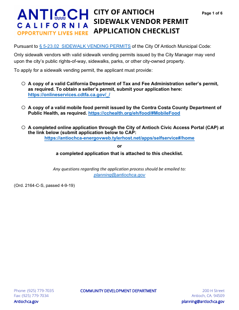 First page of the Sidewalk Vendor Permit Application Checklist