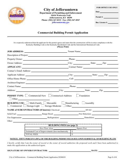 First page of the Commercial Building Permit Application