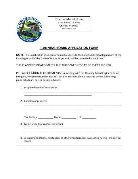 First page of the Planning Board Application Form