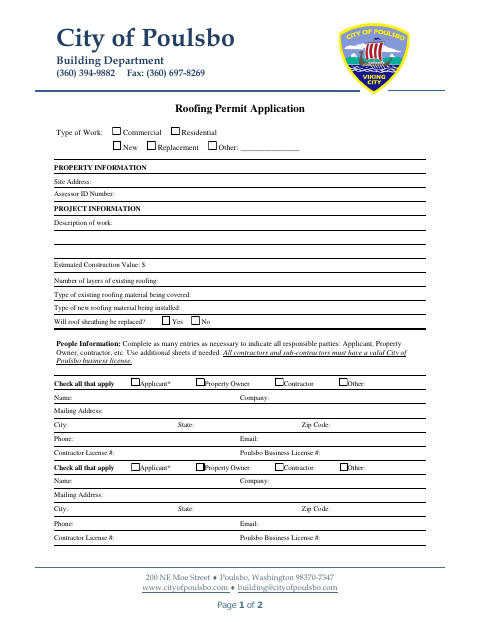First page of the Roofing Permit Application