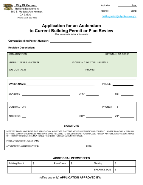 First page of the Application for an Addendum to Current Building Permit or Plan Review