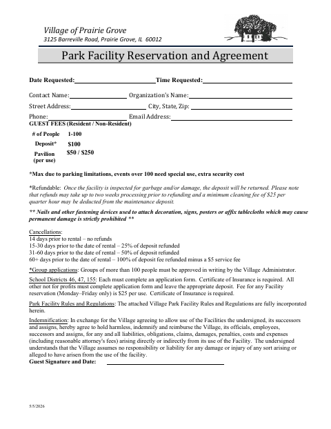 First page of the Park Facility Reservation and Agreement