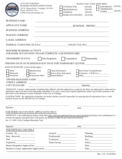 First page of the Business License Application