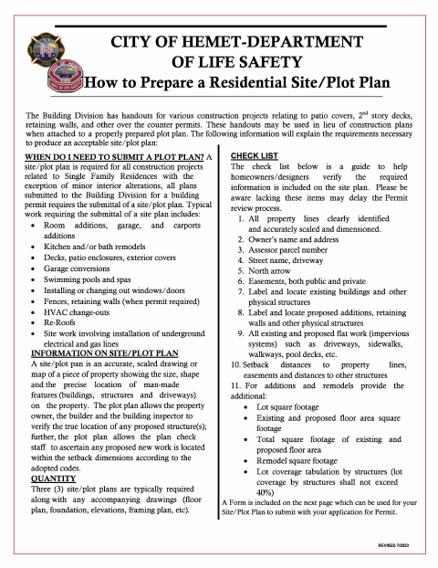 First page of the Residential Site/Plot Plan Directions and Blank Form