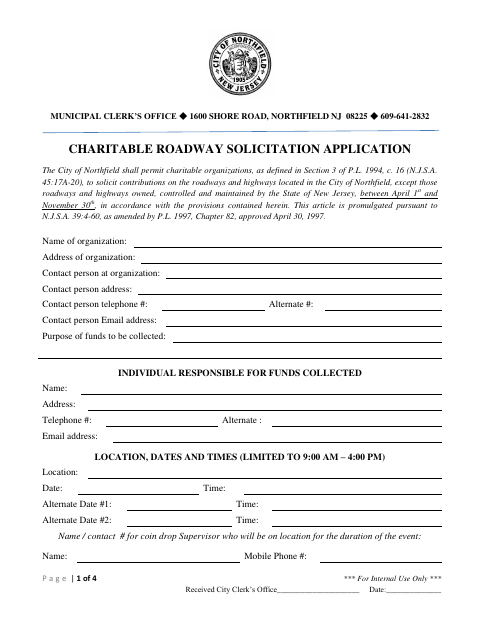 First page of the Charitable Roadway Solicitation Application