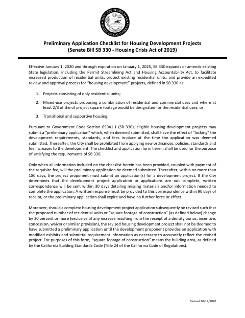 First page of the Preliminary Application Checklist for Housing Development Projects