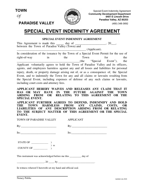 First page of the Special Event Indemnity Agreement